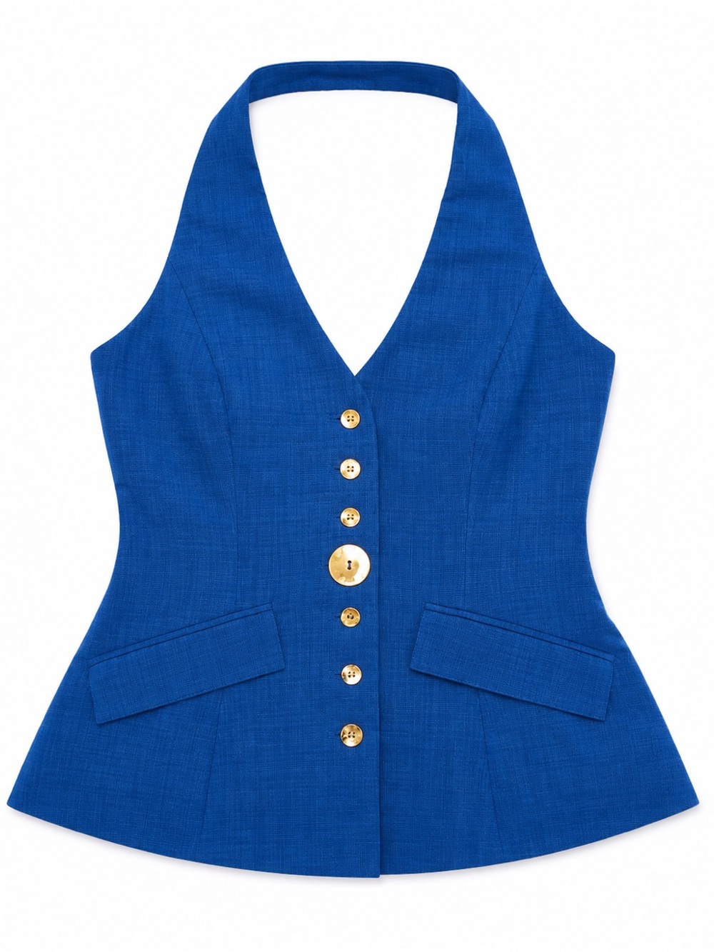 New with Tag! Commense Deep Blue Halter Top with Gold Buttons sz L